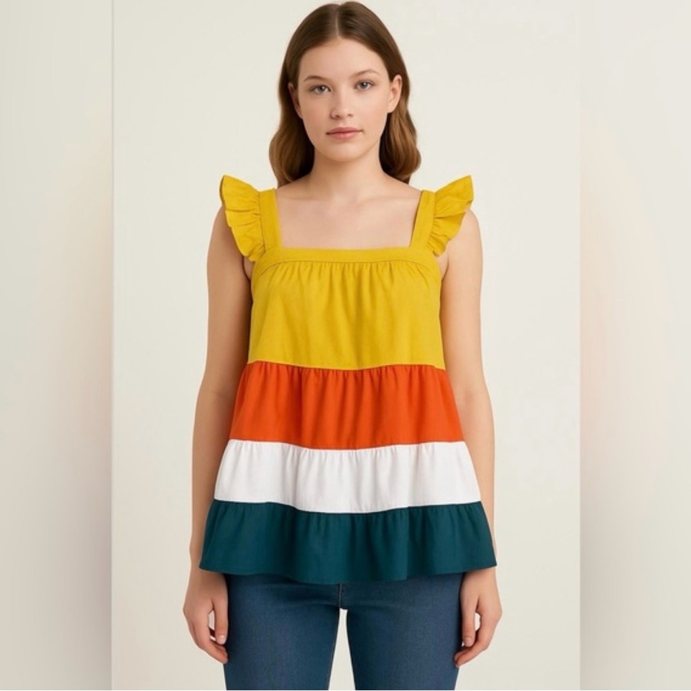 Anthropologie THML tiered babydoll colorful blouse top L